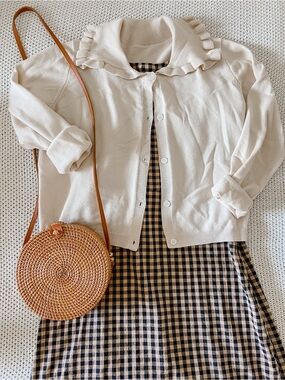 Fall Staple Cardigan Sweater Cream Ruffle-Collar Button